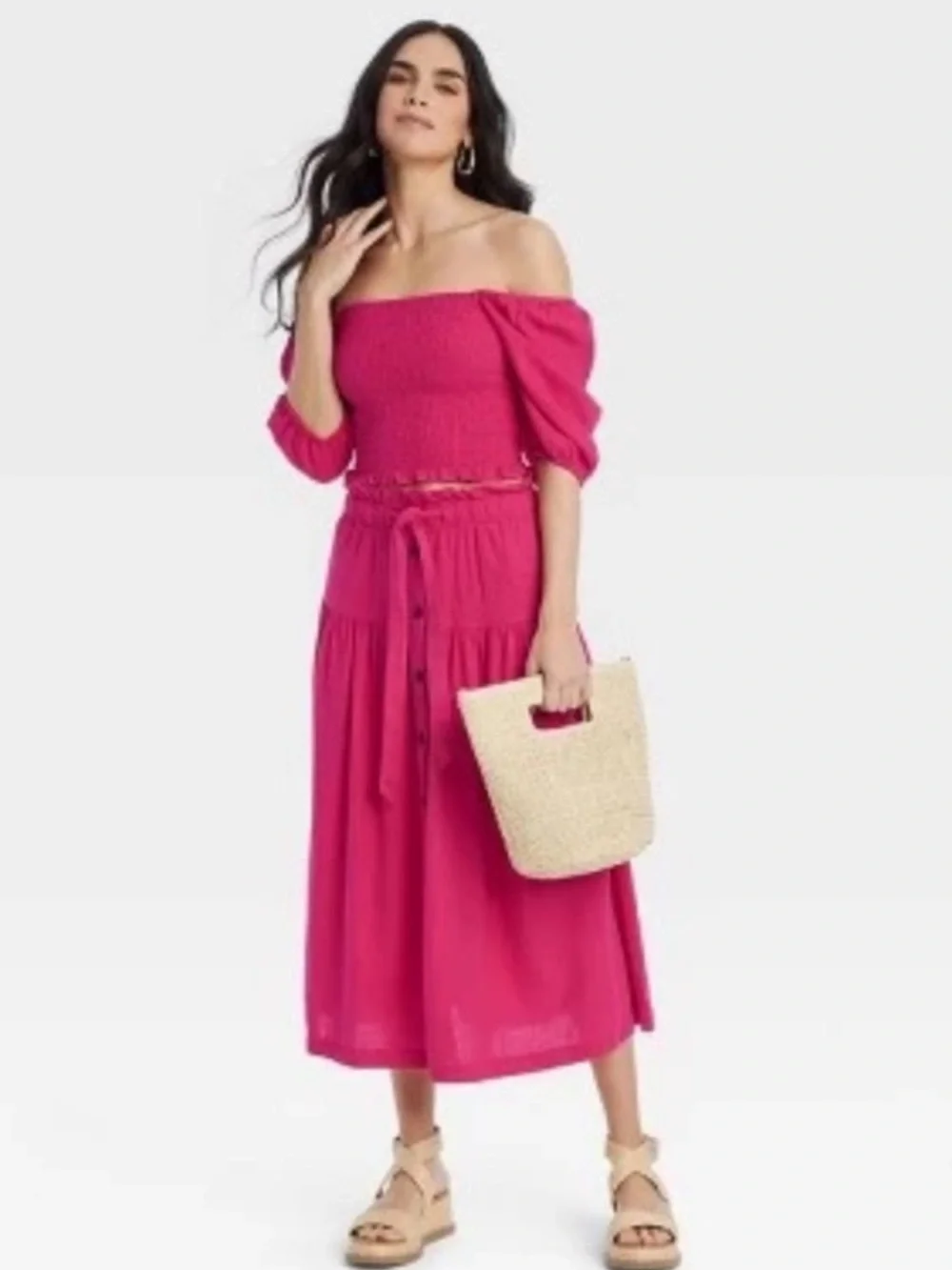 Linen Blend Off-Shoulder Smocked Crop & Midi Skirt Set in Fuchsia Pink